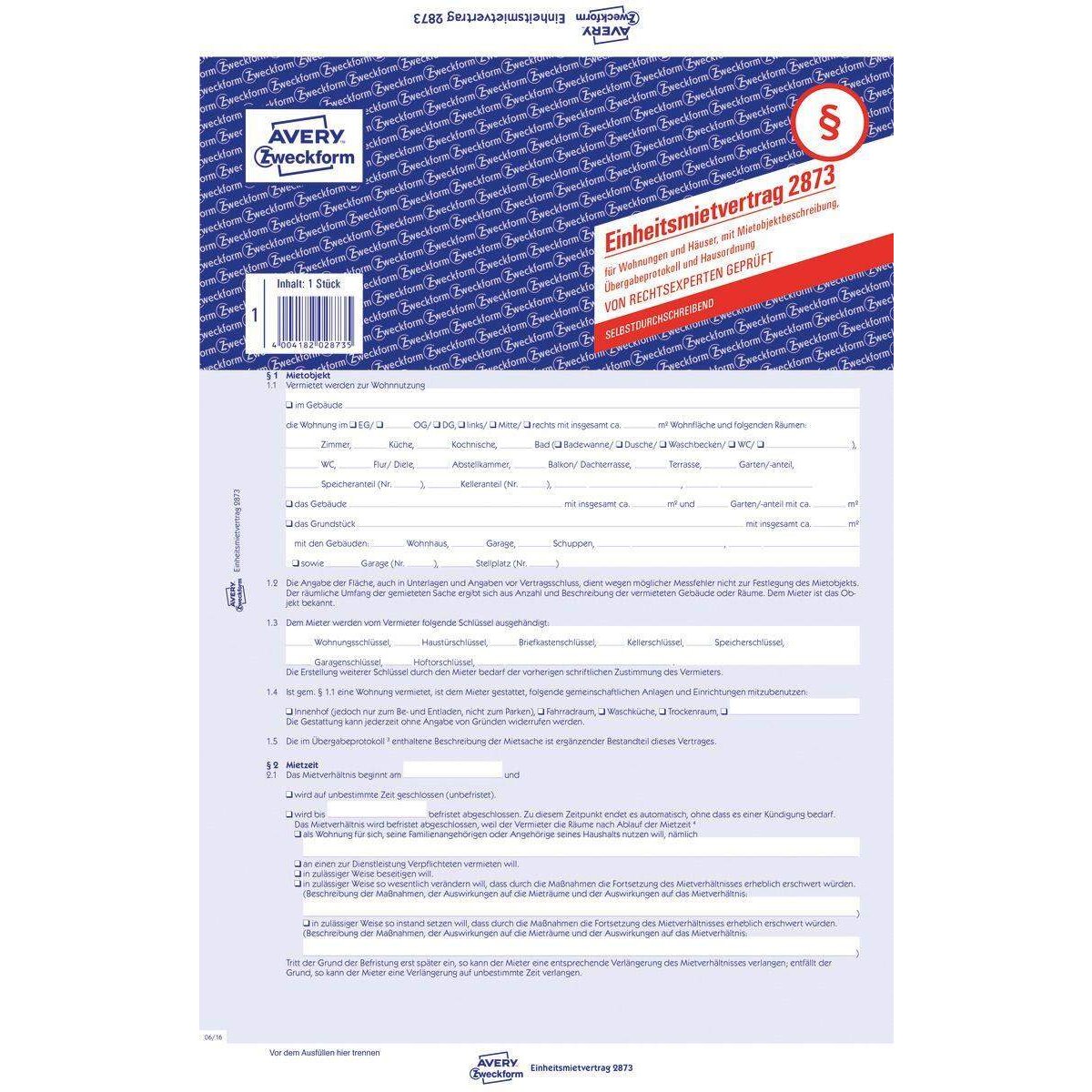 Avery Zweckform 2873 Einheitsmietvertrag für Wohnungen und Häuser, mit Übergabeprotokoll & Hausordnung, A4, 5-seitig