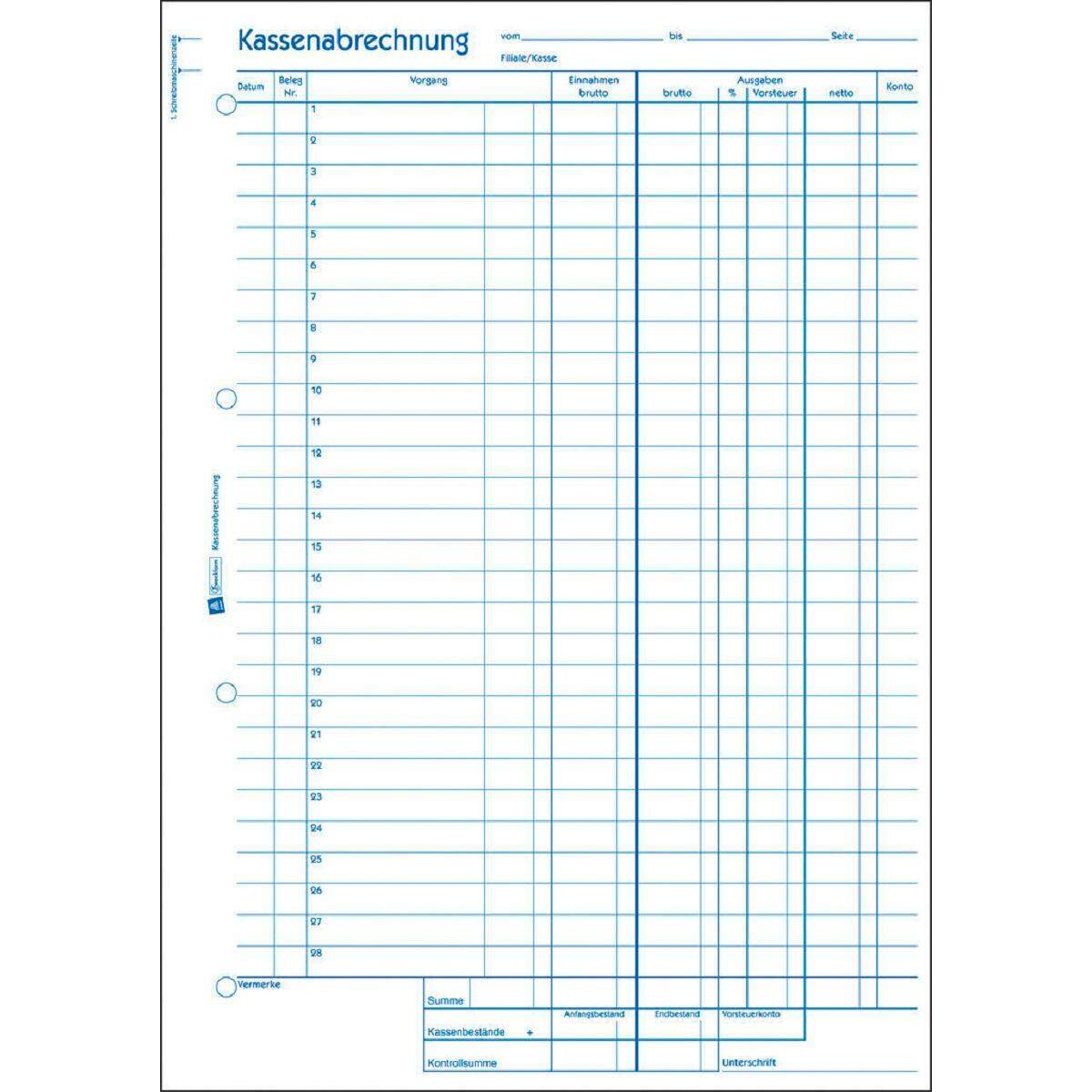 Avery Zweckform 428 Kassenabrechnung, MwSt.-Spalte für Ausgaben, A4, mit Blaupapier, 2x50 Blatt