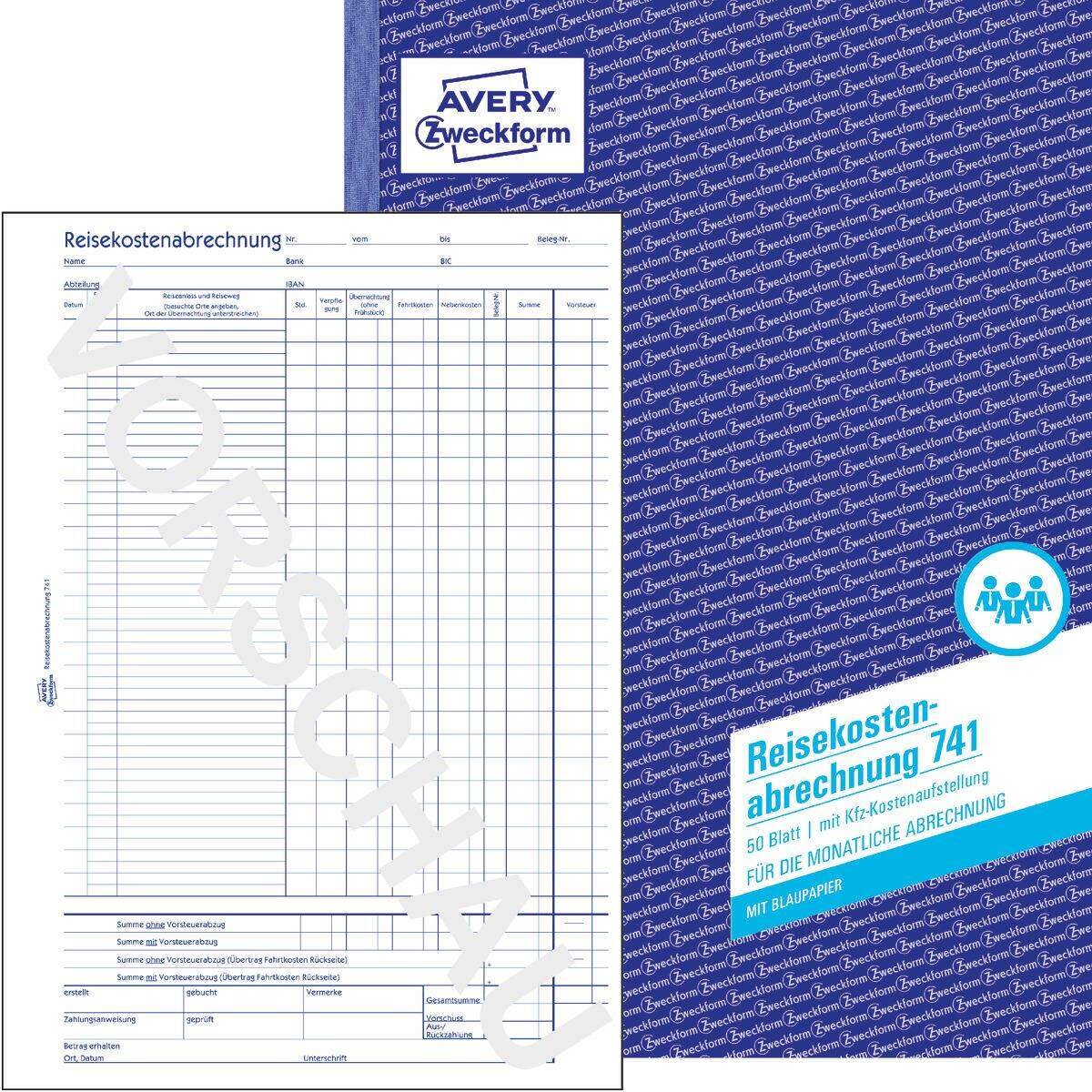 Avery Zweckform 741 Reisekostenabrechnung, für monatliche Abrechnung, A4, mit Blaupapier, 50 Blatt