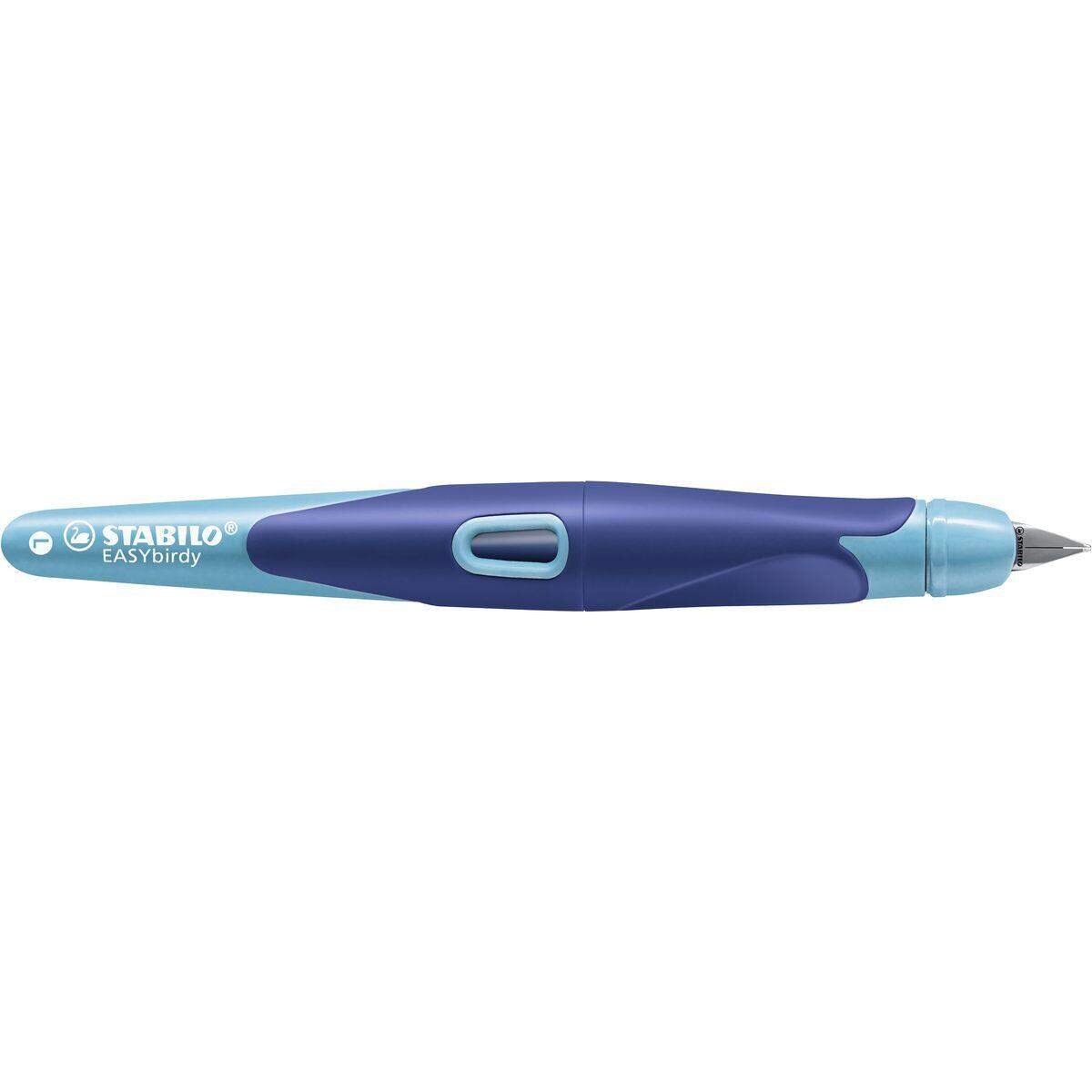 Ergonomischer Schulfüller für Linkshänder mit Anfänger-Feder A - STABILO EASYbirdy in mitternachtsblau/azur - Einzelstift - inklusive Patrone - Schreibfarbe blau (löschbar)