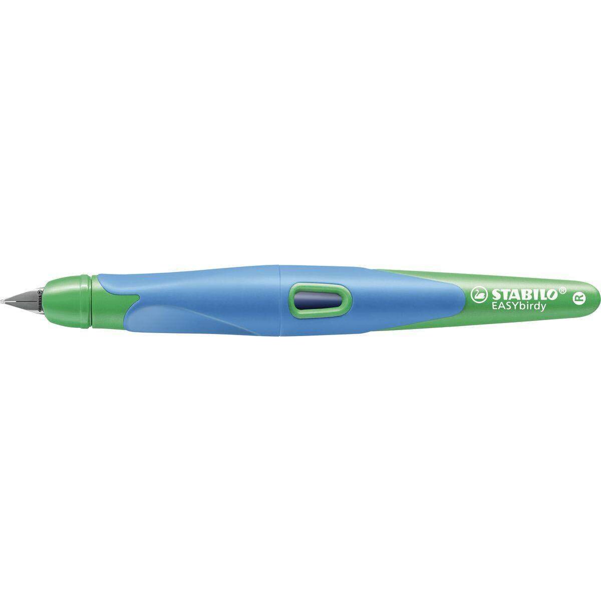 Ergonomischer Schulfüller für Rechtshänder mit Standard-Feder M - STABILO EASYbirdy in himmelblau/grasgrün - Einzelstift - inklusive Patrone - Schreibfarbe blau (löschbar)