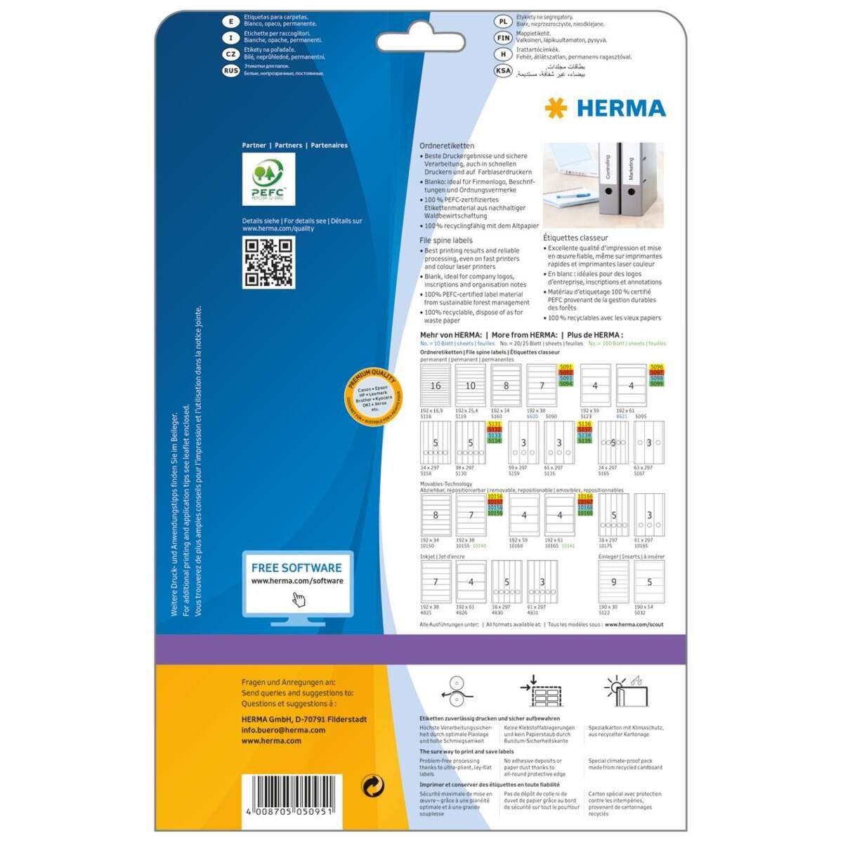 HERMA Ordneretiketten A4, 192 x 61 mm, weiß, blickdicht, permanent haftend, für breite Ordner (kurz)