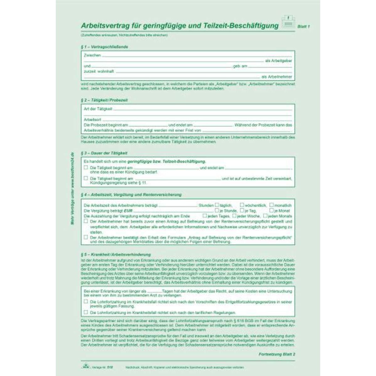 RNK Verlag Arbeitsvertrag geringfügig Beschäftigte