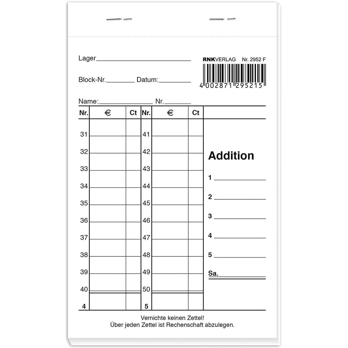 RNK Verlag Kassenblock zweifarbig, oben geheftet, nummeriert, 96 x 167 mm, 1 Stück