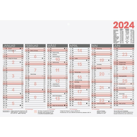 BRUNNEN Jahreskalender Tischkalender 2024 A4 quer 1S/6Monate