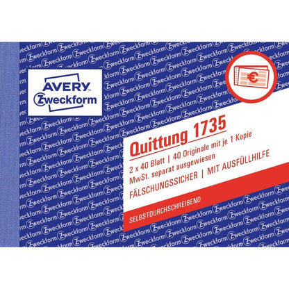 Avery Zweckform 1735 Quittung MwSt. separat ausgewiesen, A6 quer, selbstdurchschreibend, 2x40 Blatt