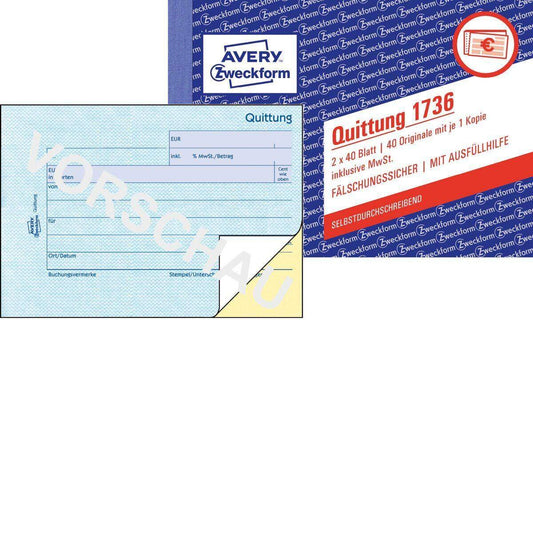 Avery Zweckform 1736 Quittung inkl. MwSt., A6 quer, selbstdurchschreibend, 2x40 Blatt