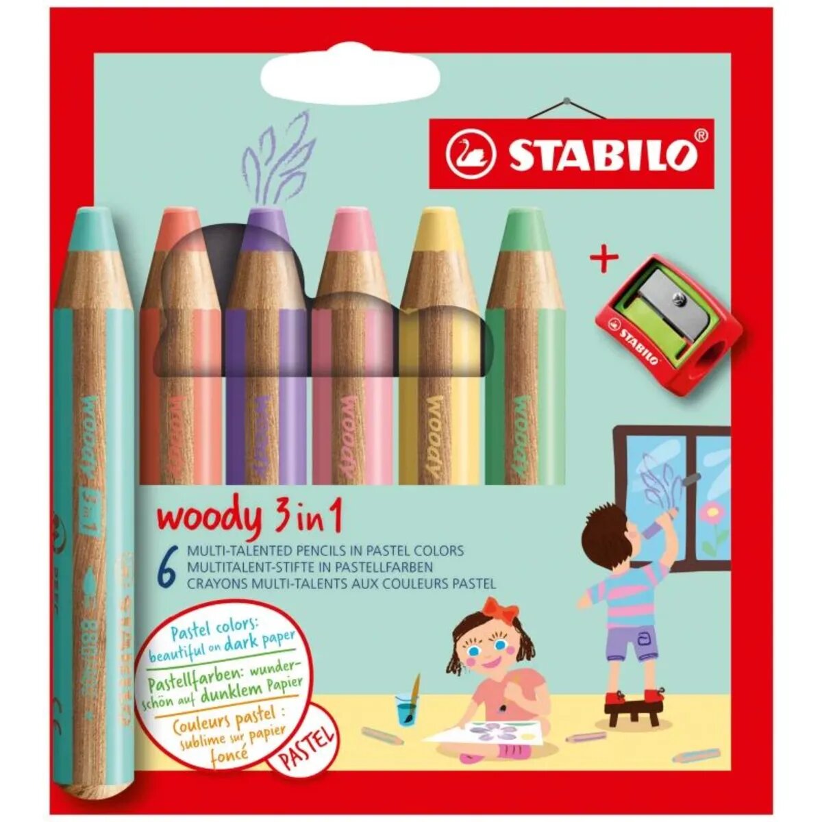 Buntstift, Wasserfarbe & Wachsmalkreide - STABILO woody 3 in 1 - 6er Pack mit Spitzer - mit 6 verschiedenen Pastellfarben