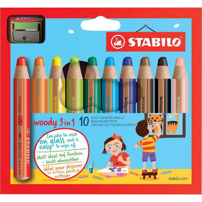 Buntstift, Wasserfarbe & Wachsmalkreide - STABILO woody 3 in 1 - 10er Pack mit Spitzer - mit 10 verschiedenen Farben