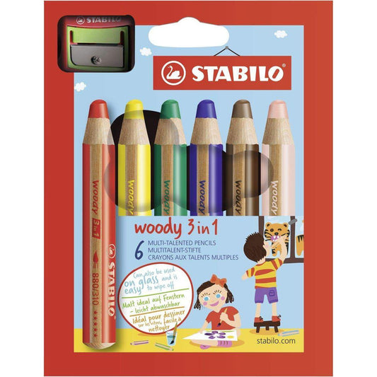 Buntstift, Wasserfarbe & Wachsmalkreide - STABILO woody 3 in 1 - 6er Pack mit Spitzer - mit 6 verschiedenen Farben