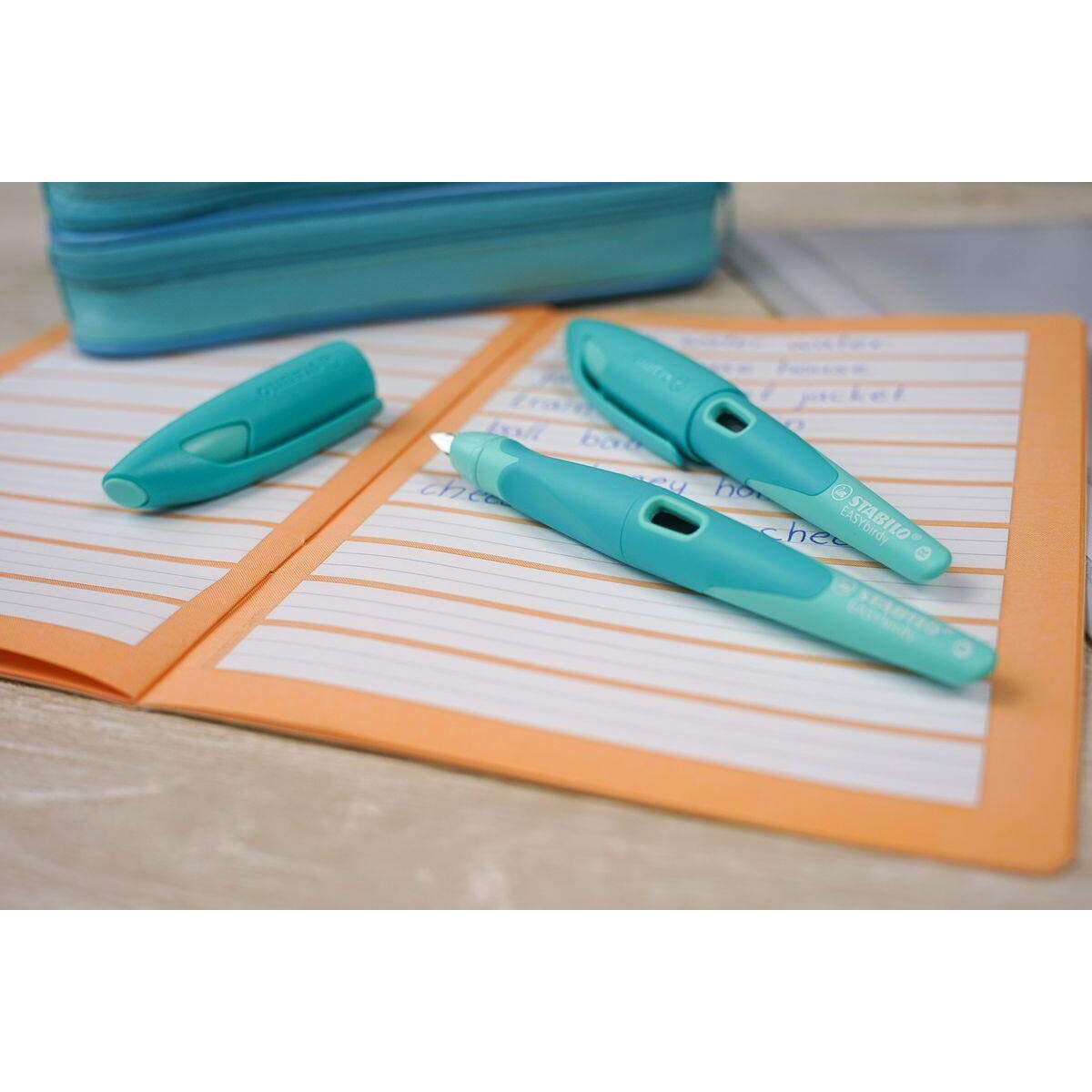 Ergonomischer Schulfüller für Rechtshänder mit Anfänger-Feder A - STABILO EASYbirdy Pastel Edition in aqua grün/mint - Einzelstift - inklusive Patrone - Schreibfarbe blau (löschbar)