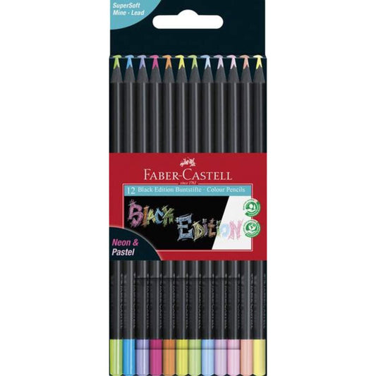 Faber-Castell Buntstifte Black Edition Neon + Pastell, 12er Etui