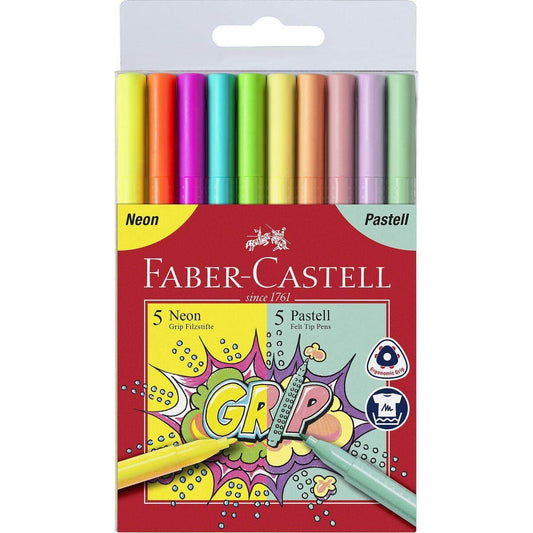 Faber-Castell Grip Filzstift Neon + Pastell, 10er Kunststoffetui