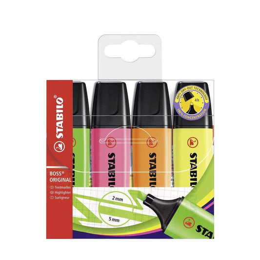 Textmarker - STABILO BOSS ORIGINAL - 4er Pack - gelb, orange, grün, pink