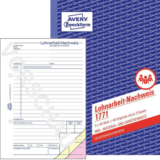 Avery Zweckform 1771 Lohnarbeit-Nachweis, A5, selbstdurchschreibend, 3x40 Blatt