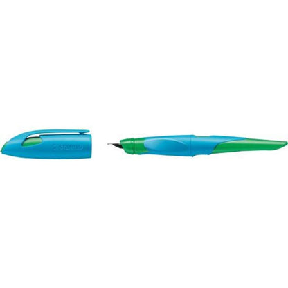 Ergonomischer Schulfüller für Rechtshänder mit Standard-Feder M - STABILO EASYbirdy in himmelblau/grasgrün - Einzelstift - inklusive Patrone - Schreibfarbe blau (löschbar)