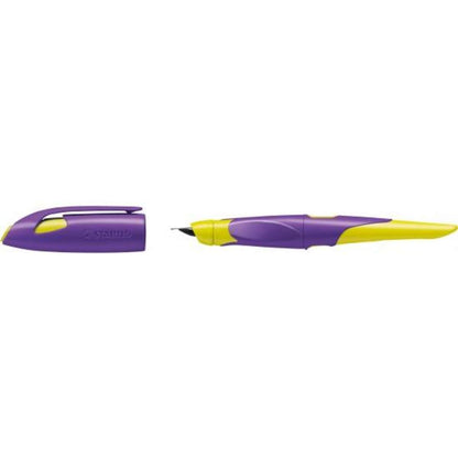 Ergonomischer Schulfüller für Rechtshänder mit Standard-Feder M - STABILO EASYbirdy in violett/gelb - Einzelstift - inklusive Patrone - Schreibfarbe blau (löschbar)